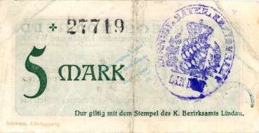 Preview: Lindau , Banknote 5 Mark Schein gbr. Geiger 322.01 , Bayern 1918 Grossnotgeld