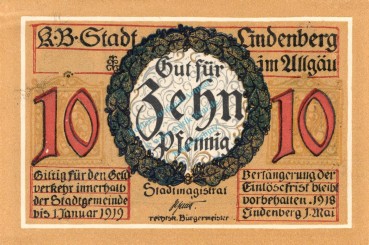 Preview: Lindenberg , 10 Pfennig --FEHLDRUCK-- C in kfr-unc , Ti.4115.... Bayern 1918 Verkehrsausgabe