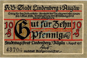 Lindenberg , Notgeld 10 Pfennig Schein in unc-kfr. Ti. 4115.05.01 , Bayern 1917 Verkehrsausgabe