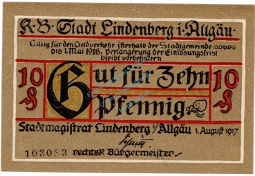 Lindenberg , Notgeld 10 Pfennig Schein in unc-kfr. Ti. 4115.05.05 , Bayern 1917 Verkehrsausgabe