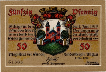 Lindenberg , Notgeld 50 Pfennig Schein in unc-kfr. Ti.4115.05.17 , Bayern 1918 VeLindenberg , Notgeld 50 Pfennig Schein in unc-kfr. Ti.4115.05.17 , Bayern 1918 Verkehrsausgaberkehrsausgabe