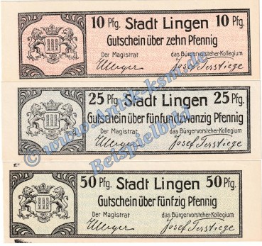 Lingen , Notgeld Set mit 3 Scheinen in kfr. Tieste 4125.05.25-27 , Niedersachsen o.DLingen , Notgeld Set mit 3 Scheinen in kfr. Tieste 4125.05.25-27 , Niedersachsen o.D. Verkehrsausgabe. Verkehrsausgabe
