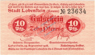 Lobenstein , Notgeld 10 Pfennig Schein unc-kfr. Ti.4160.05.01 , Thüringen 1918 Verkehrsausgabe