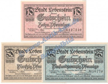 Lobenstein , Notgeld Set mit 3 Scheinen in kfr. Tieste 4160.05.10-12 , Thüringen 1919 Verkehrsausgabe