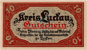 Luckau , Notgeld 10 Pfennig Schein in unc-kfr. Ti.4225.05.35 , Brandenburg 1917 Verkehrsausgabe