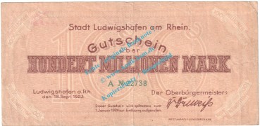 Ludwigshafen , Notgeld 100 Millionen Mark Schein in gbr. Keller 3328.e , Pfalz 1923 Grossnotgeld Inflation