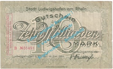Ludwigshafen , Notgeld 10 Milliarden Mark Schein in gbr. Keller 3328.g , Pfalz 1923 Grossnotgeld Inflation