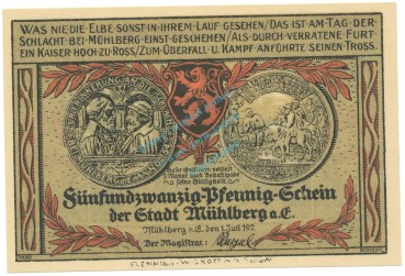 Mühlberg , Notgeld 25 Pfennig -Fehldruck- unc-kfr. M-G 903.1.F , BBG 1921 Seriennotgeld -5738-