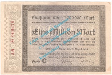 Mülheim , Notgeld 1 Million Mark Schein in gbr. Keller 3638.e , Rheinland 1923 Grossnotgeld Inflation
