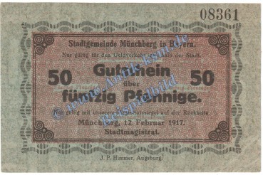 Münchberg , Notgeld 50 Pfennig Schein in kfr. Tieste 4675.05.03 , Bayern 1917 Verkehrsausgabe