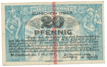 München Gladbach , Notgeld 20 Pfennig Schein unc-kfr. Ti.4710.05.01 , RHL 1917 Verkehrsausgabe -4183-