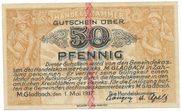 München Gladbach , Notgeld 50 Pfennig Schein unc-kfr. Ti.4710.05.02 , RHL 1917 Verkehrsausgabe -4184-