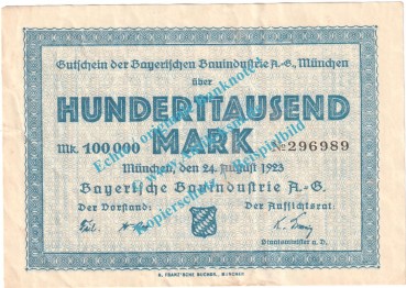 München , Notgeld 100.000 Mark Schein in gbr. Keller 3654.a , Bayern 1923 Grossnotgeld Inflation