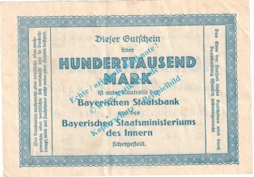 Preview: München , Notgeld 100.000 Mark Schein in gbr. Keller 3654.a , Bayern 1923 Grossnotgeld Inflation