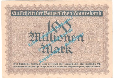 Preview: München , Notgeld 100 Millionen Mark Schein in f-kfr. Keller 3657.e , Bayern 1923 Grossnotgeld Inflation