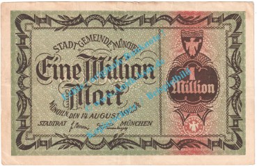 München , Notgeld 1 Million Mark Schein in gbr. Keller 3650.a , Bayern 1923 Grossnotgeld Inflation