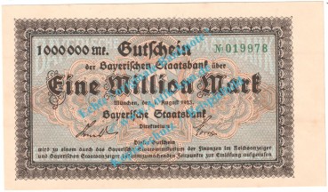 München , Notgeld 1 Million Mark Schein in kfr. Keller 3657.a , Bayern 1923 Grossnotgeld Inflation