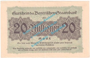 Preview: München , Notgeld 20 Millionen Mark Schein in kfr. Keller 3657.d , Bayern 1923 Grossnotgeld Inflation