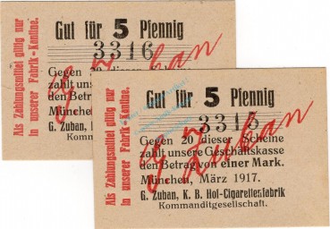 München , Notgeld 2 x 5 Pfennig -fortlaufende KN- unc-kfr. Ti.4680.2065.05 , München 1917 Verkehrsausgabe