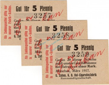 München , Notgeld 3 x 5 Pfennig -fortlaufende KN- unc-kfr. Ti.4680.2065.05 , München 1917 Verkehrsausgabe