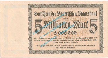 Preview: München , Notgeld 5 Millionen Mark Schein in kfr. Keller 3657.d , Bayern 1923 Grossnotgeld Inflation