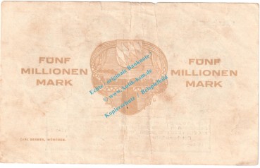 Preview: München , Notgeld 5 Million Mark Schein in gbr. Keller 3669.b , Bayern 1923 Grossnotgeld Inflation