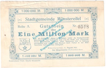 Münstereifel , Notgeld 1 Million Mark Schein in gbr. Keller 3692.a , Rheinland 1923 Grossnotgeld Inflation