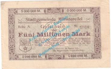 Münstereifel , Notgeld 5 Millionen Mark Schein in L-gbr. Keller 3692.b , Rheinland 1923 Grossnotgeld Inflation