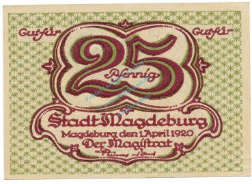 Magdeburg , Notgeld 25 Pfennig Schein unc-kfr. Ti.4330.40.25 , SA 1920 Verkehrsausgabe -4193-