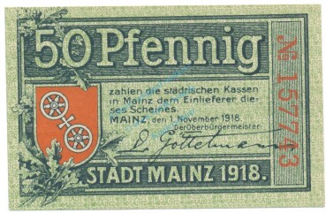 Mainz , Notgeld 50 Pfennig Schein unc-kfr. Ti.4350.15.05 , HE 1918 Verkehrsausgabe -4178-