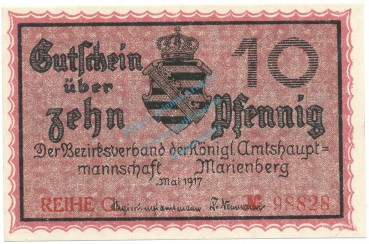 Marienberg , Notgeld 10 Pfennig Schein unc-kfr. Ti.4370.05.05 , S 1917 Verkehrsausgabe -4198-