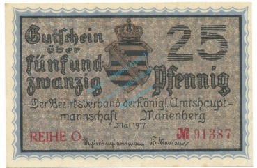 Marienberg , Notgeld 25 Pfennig Schein unc-kfr. Ti.4370.05.06 , S 1917 Verkehrsausgabe -4199-