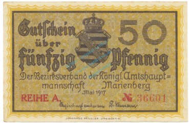 Marienberg , Notgeld 50 Pfennig Schein unc-kfr. Ti.4370.05.03 , S 1917 Verkehrsausgabe -4197-
