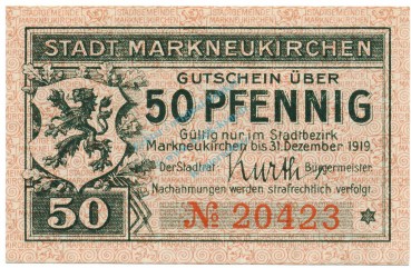 Markneukirchen , Notgeld 50 Pfennig Schein unc-kfr. Ti.4400.05.07 , S o.D. Verkehrsausgabe -4192-