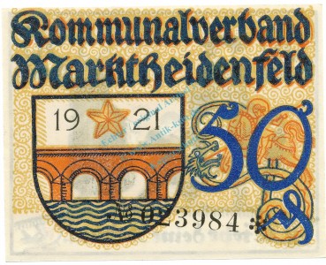 Marktheidenfeld , Notgeld 50 Pfennig Schein unc-kfr. Ti.4415.05.15 , BAY 1921 Verkehrsausgabe -4186-