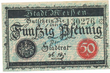 Meissen , Notgeld 50 Pfennig Schein unc-kfr. Ti.4470.05.05 , S o.D. Verkehrsausgabe -4182-