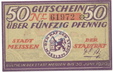 Meissen , Notgeld 50 Pfennig Schein unc-kfr. Ti.4470.05.15 , S o.D. Verkehrsausgabe -4181-