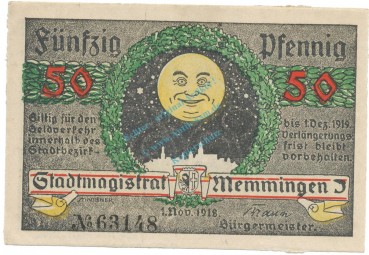 Memmingen , Notgeld 50 Pfennig Schein unc-kfr. Ti.4495.05.10 , BAY 1918 Verkehrsausgabe -4177-