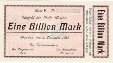 Menden , Banknote 1 Billion Mark --MUSTER-- unc-kfr. Keller 3516... Westfalen 1923 Inflation
