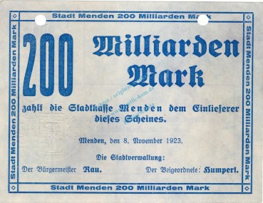 Menden , Banknote 200 Milliarden Mark Schein unc-kfr.E Keller 3516.d , Westfalen 1923 Inflation