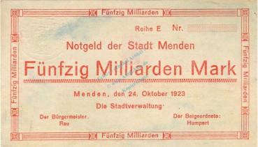 Menden , Banknote 50 Milliarden Mark --MUSTER-- unc-kfr. Keller 3516... Westfalen 1923 Inflation