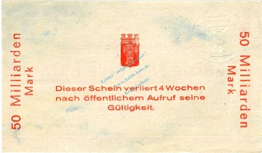 Preview: Menden , Banknote 50 Milliarden Mark --MUSTER-- unc-kfr. Keller 3516... Westfalen 1923 Inflation