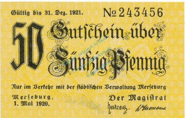 Merseburg , Notgeld 50 Pfennig Schein unc-kfr. Ti.4505.15.22 , SA 1920 Verkehrsausgabe -4213-