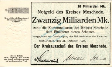 Meschede , Banknote 20 Milliarden Mark Schein unc-kfr. Keller 3529.b , Westfalen 1923 Inflation