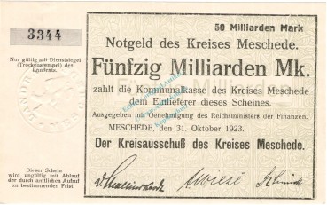 Meschede , Banknote 50 Milliarden Mark Schein unc-kfr. Keller 3529.a , Westfalen 1923 Inflation