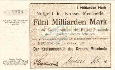Meschede , Banknote 5 Milliarden Mark Schein unc-kfr. Keller 3529.a , Westfalen 1923 Inflation