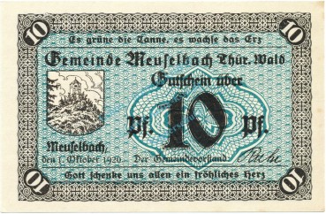 Meuselbach , Notgeld 10 Pfennig Schein unc-kfr. Ti.4520.05.01 , TH 1920 Verkehrsausgabe -4207-
