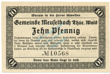 Preview: Meuselbach , Notgeld 10 Pfennig Schein unc-kfr. Ti.4520.05.01 , TH 1920 Verkehrsausgabe -4207-