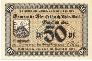 Meuselbach , Notgeld 50 Pfennig Schein unc-kfr. Ti.4520.05.03 , TH 1920 Verkehrsausgabe -4209-