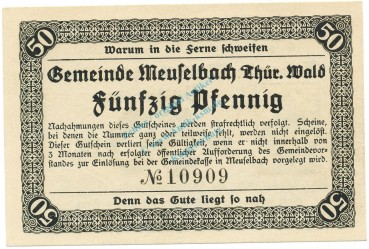 Preview: Meuselbach , Notgeld 50 Pfennig Schein unc-kfr. Ti.4520.05.03 , TH 1920 Verkehrsausgabe -4209-
